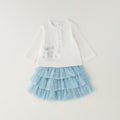 Completo bimba due pezzi con maglia in caldo cotone panna e gonna in tulle azzurro a balze