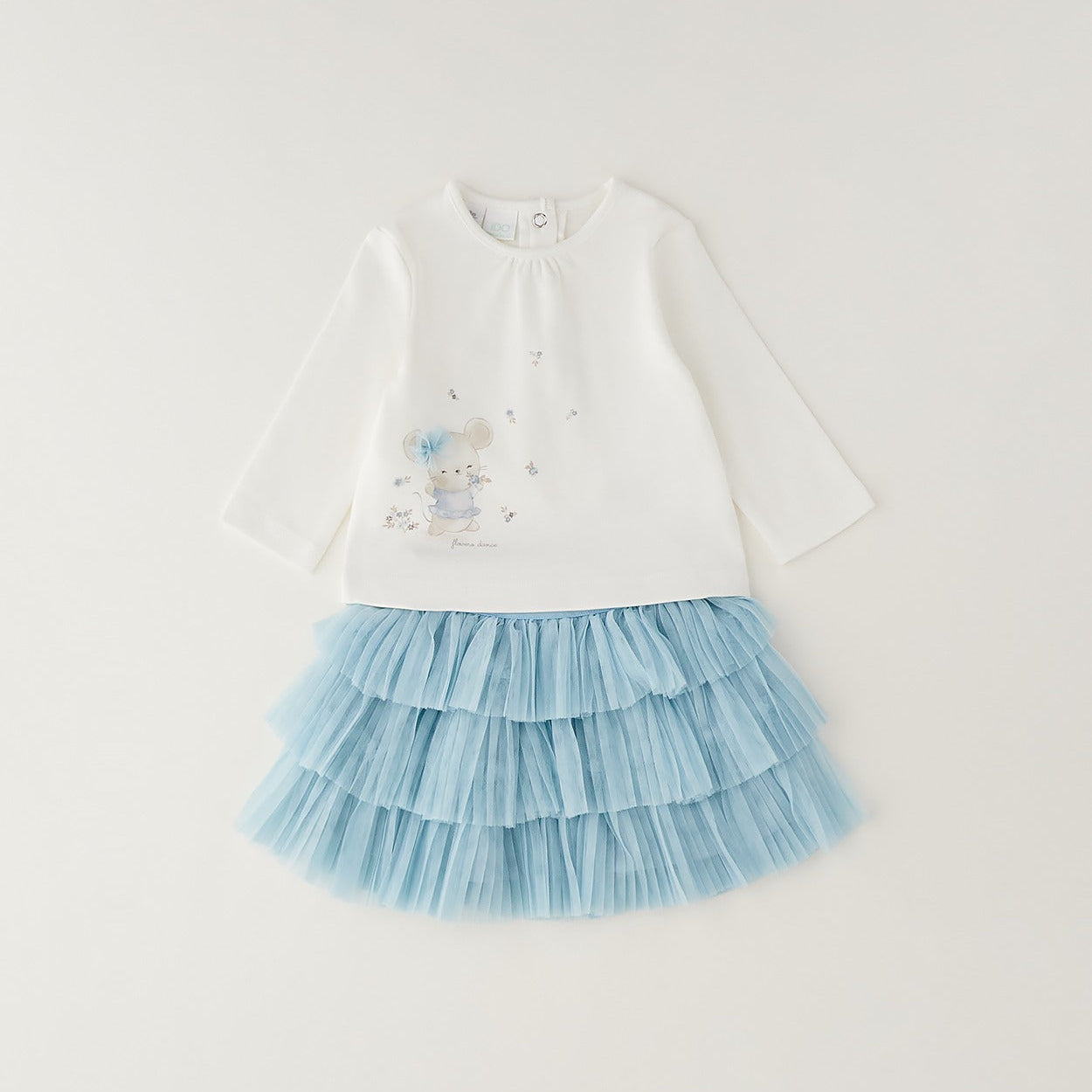 Completo bimba due pezzi con maglia in caldo cotone panna e gonna in tulle azzurro a balze