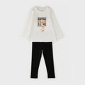 Completo bimba caldo cotone con maglia panna stampata e leggings neri