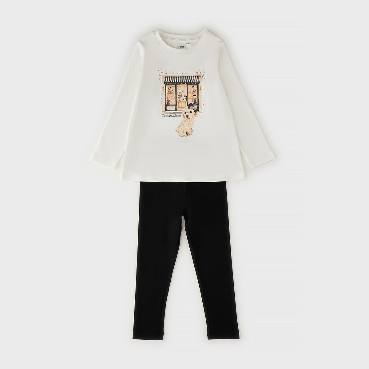 Completo bimba caldo cotone con maglia panna stampata e leggings neri