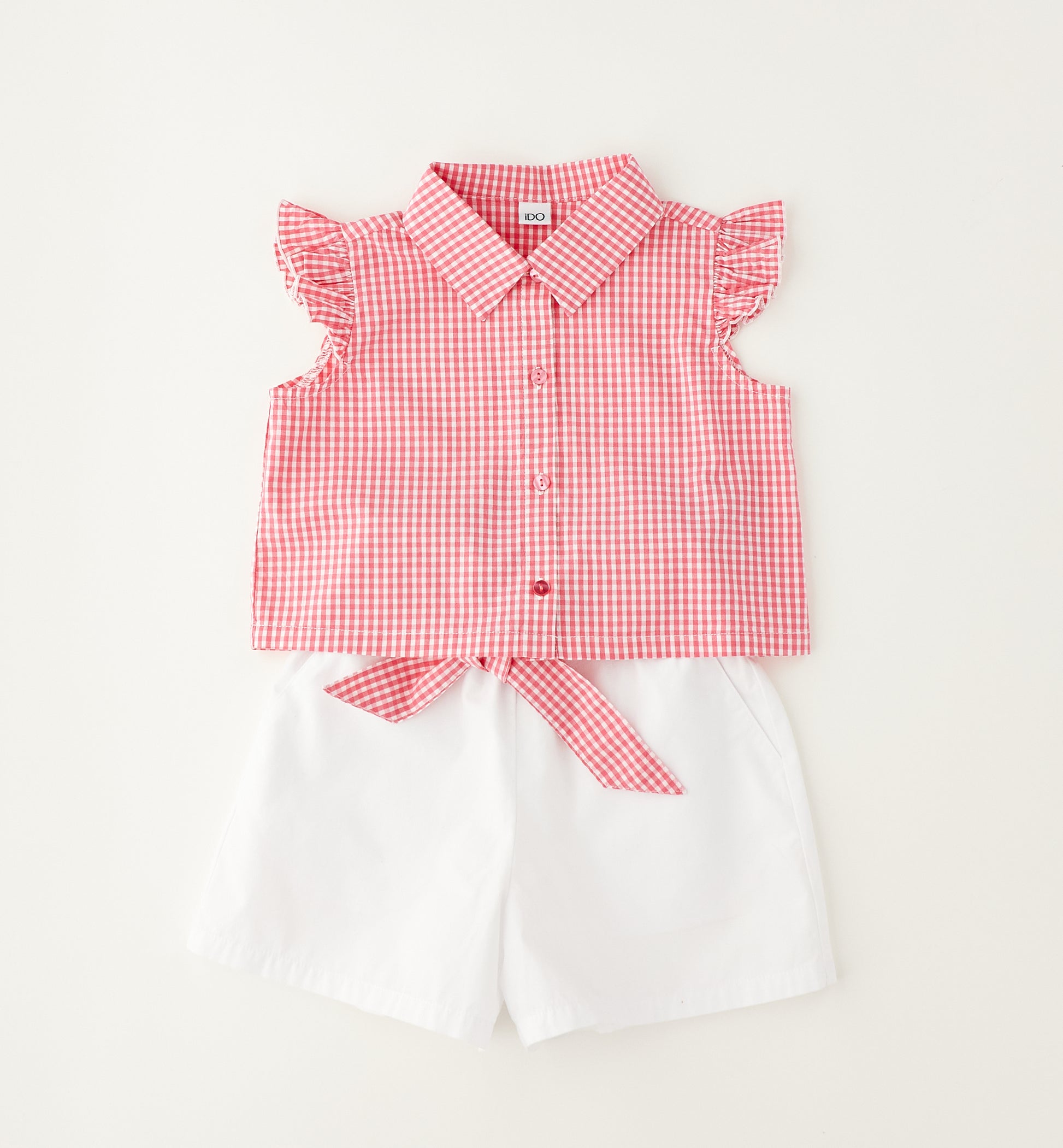 completo bimba elegante con camicia quadretti vichy rosa