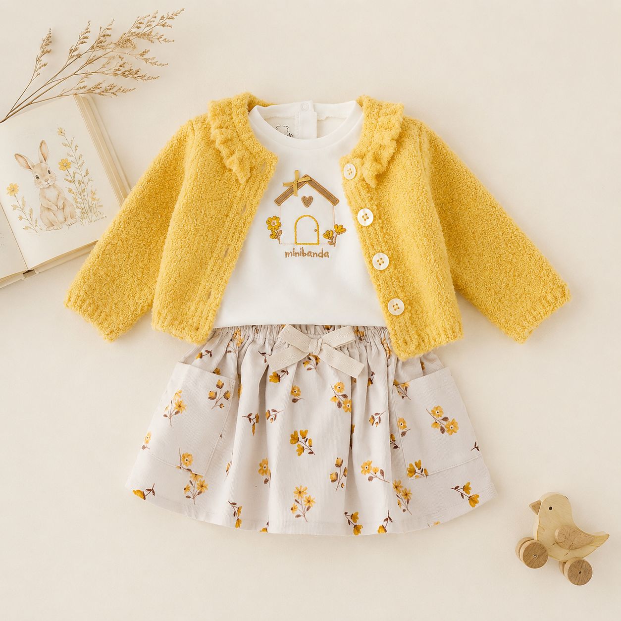 Completo bimba con cardigan giallo, maglia bianca e gonna con fantasia floreale