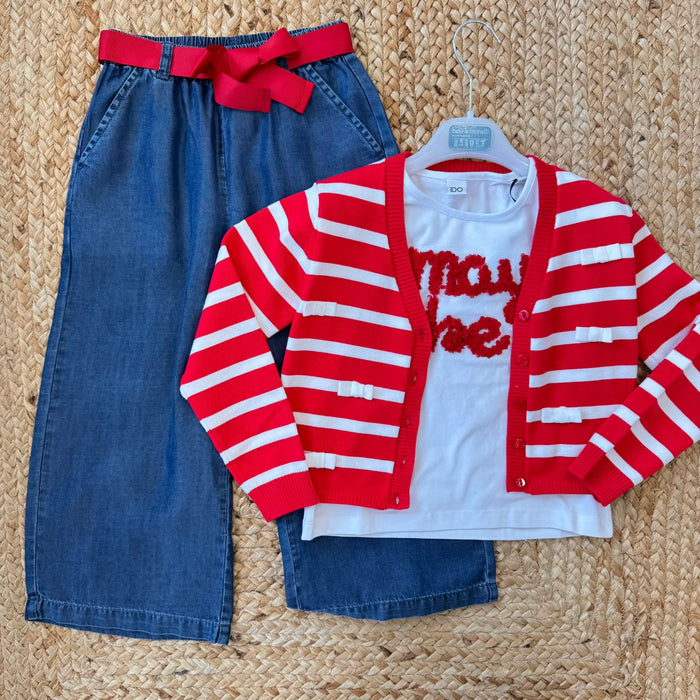 completo bimba cardigan righe rosso pantalone lyocell