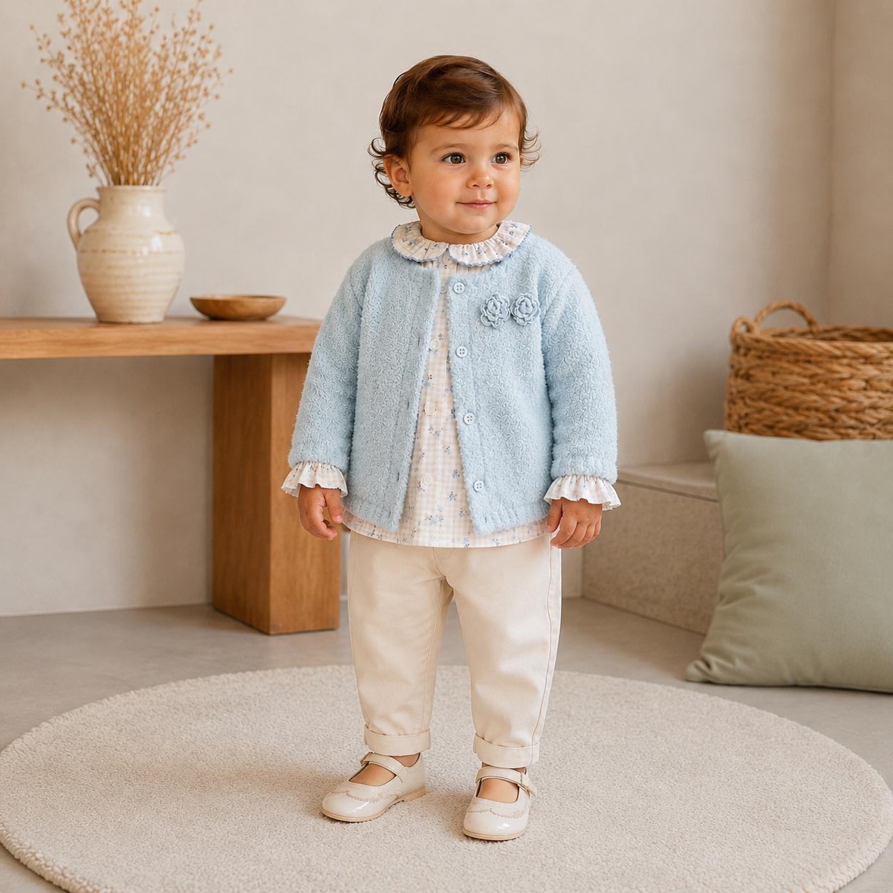 Completo bimba con cardigan celeste, camicia fantasia e pantaloni panna indossato