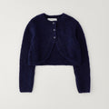 Cardigan blu bimba corto con bottoni decorativi e texture morbida
