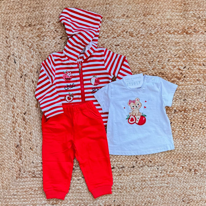 completo bimba cotone 3 pezzi rosso felpa righe pantalone t-shirt