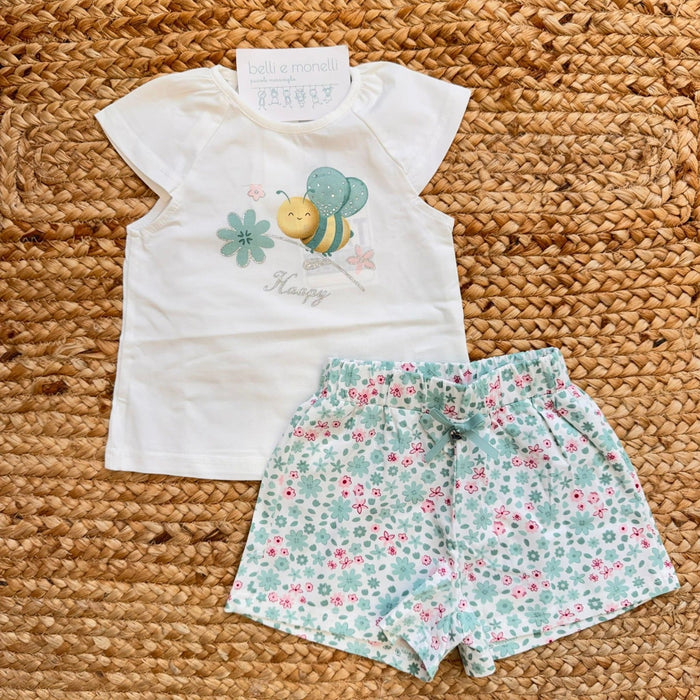 completo bimba cotone t-shirt bianca con ape e shorts floreali verde acqua