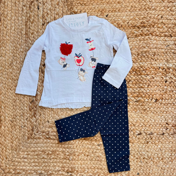completo bimba cotone bianco con leggings blu pois casual chic