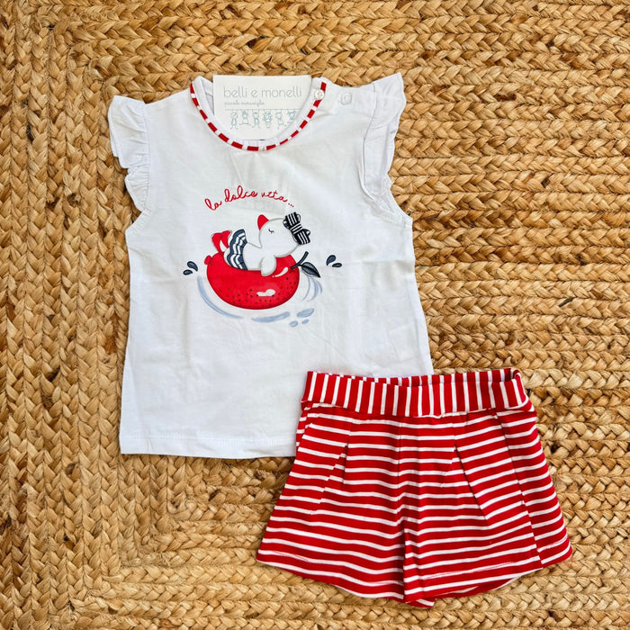 completo bimba cotone t-shirt bianca stampa marina e shorts rigati rossi