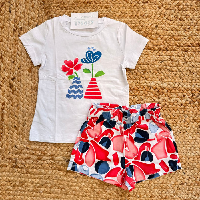 completo bimba cotone bianco t-shirt con fiori e shorts fantasia colorata