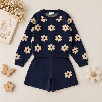 Completo bimba in cotone blu con fiori beige e pantaloncino coordinato