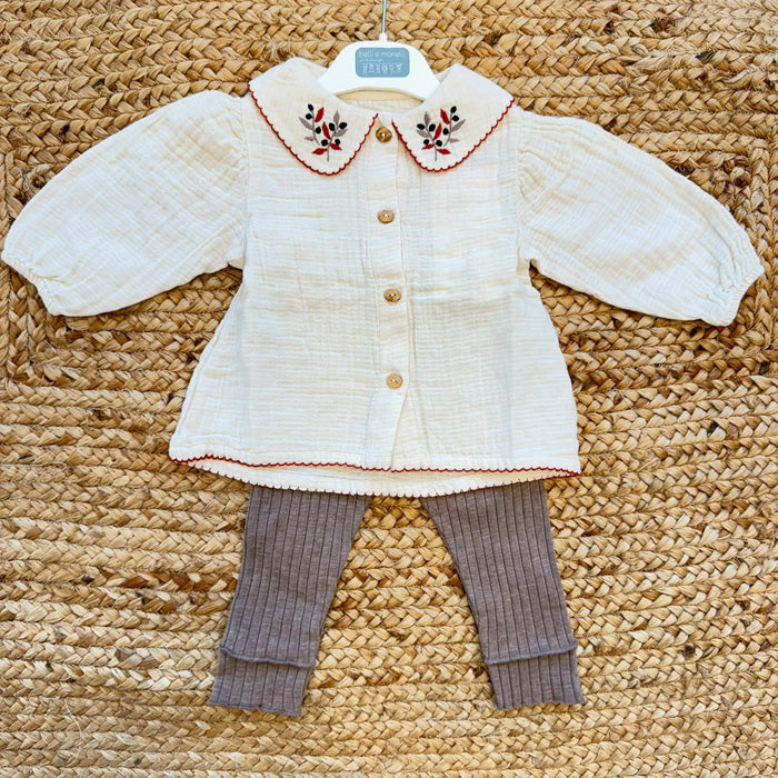Completo bimba in cotone con blusa panna ricamata e pantalone tortora