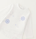 completo due pezzi bimba chic con pantalone blu e maglia bianca