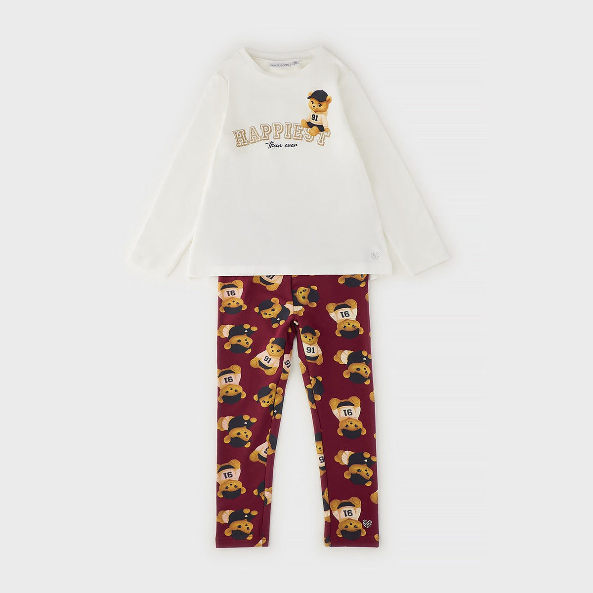 Completo bimba in cotone con maglia panna e pantalone bordeaux fantasia orsetti