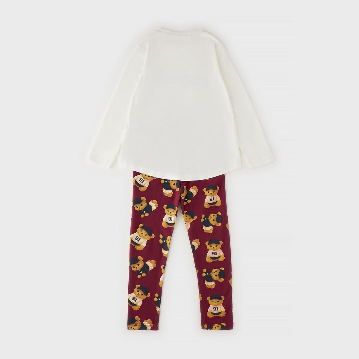 Completo bimba in cotone con maglia panna e pantalone bordeaux fantasia orsetti