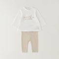 Completo bimba in cotone panna e beige con maglia e leggings