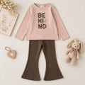Completo bimba 100% cotone con maglia rosa cipria e pantalone marrone svasato