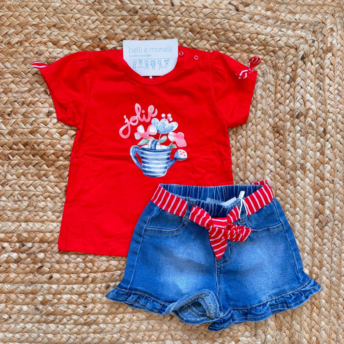 completo bimba cotone t-shirt rossa e shorts denim con cintura rigata