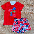 completo bimba cotone rosso t-shirt con disegno e shorts fantasia
