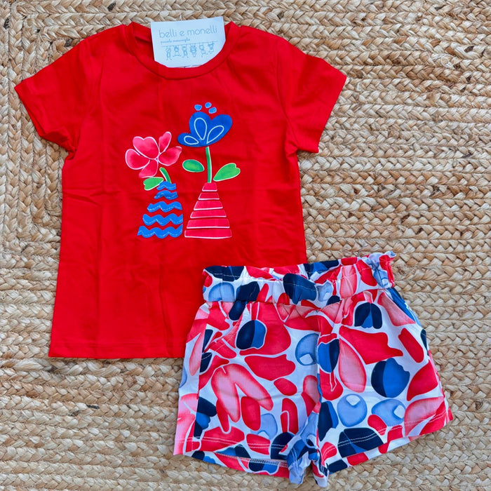 completo bimba cotone rosso t-shirt con disegno e shorts fantasia