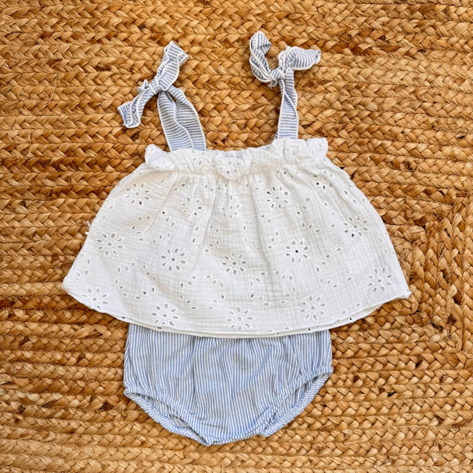 completo bimba cotone sangallo bianco e righe azzurre