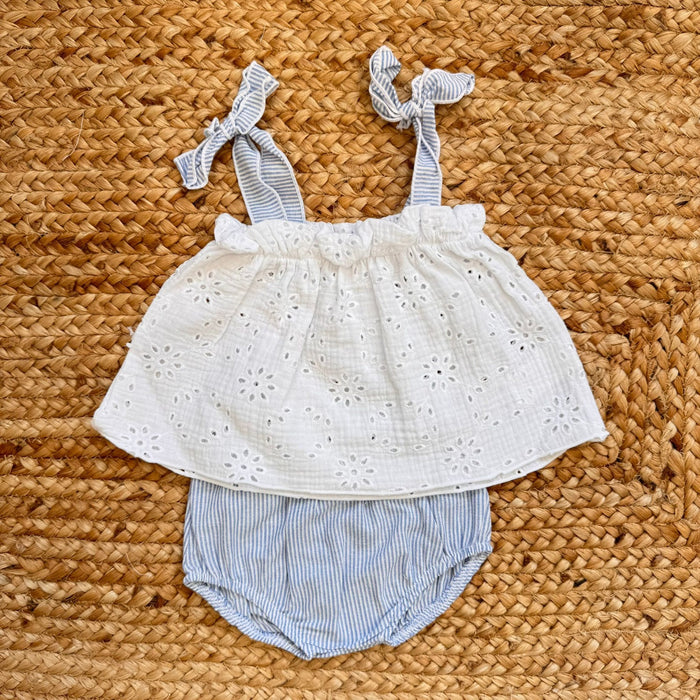 completo bimba cotone sangallo bianco e righe azzurre