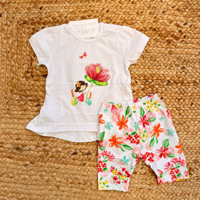 completo bimba cotone t-shirt bianca stampa fiore pantaloncino fantasia floreale