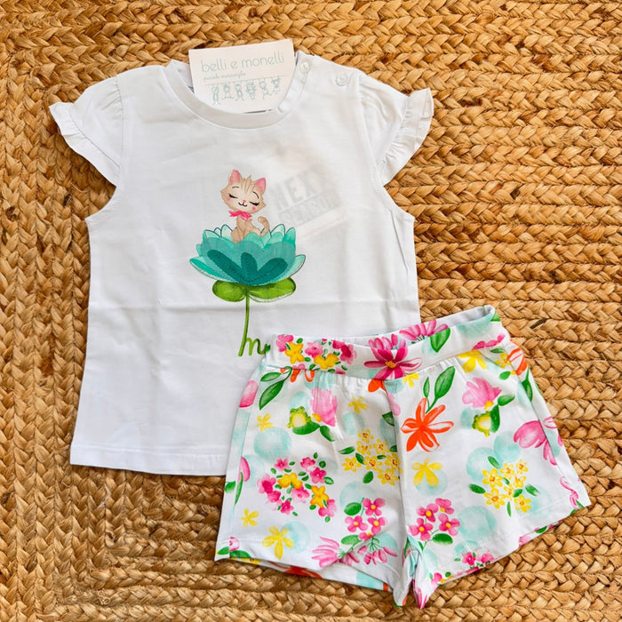completo bimba cotone t-shirt bianca con gattino e shorts floreali estivi