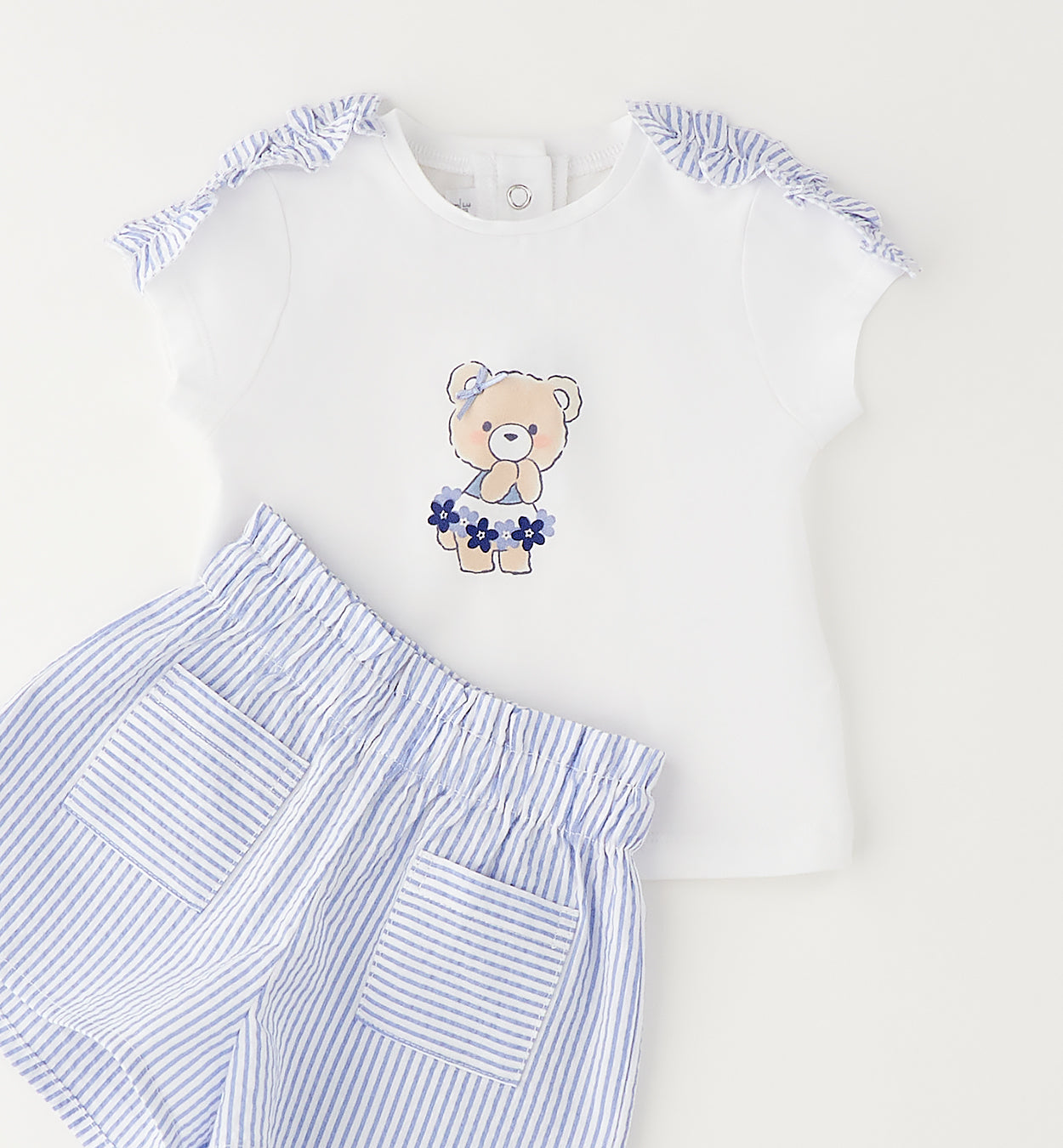 Dettaglio t-shirt bimba con stampa orsetto e volant sulle spalle