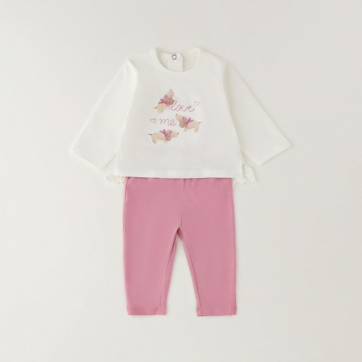 Completo bimba due pezzi in caldo cotone con maglia panna con cagnolini e pantalone rosa