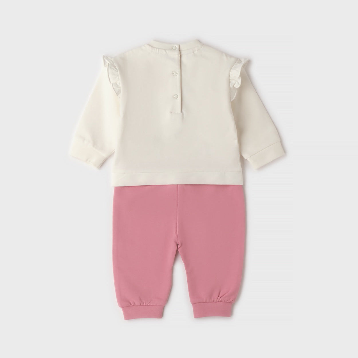 Completo bimba in caldo cotone con felpa panna con cagnolina, volant e pantalone rosa