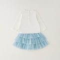 Completo bimba due pezzi con maglia in caldo cotone panna e gonna in tulle azzurro a balze