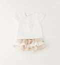 Completo bimba elegante con maglia ricamata e culotte con balze in lino e cotone