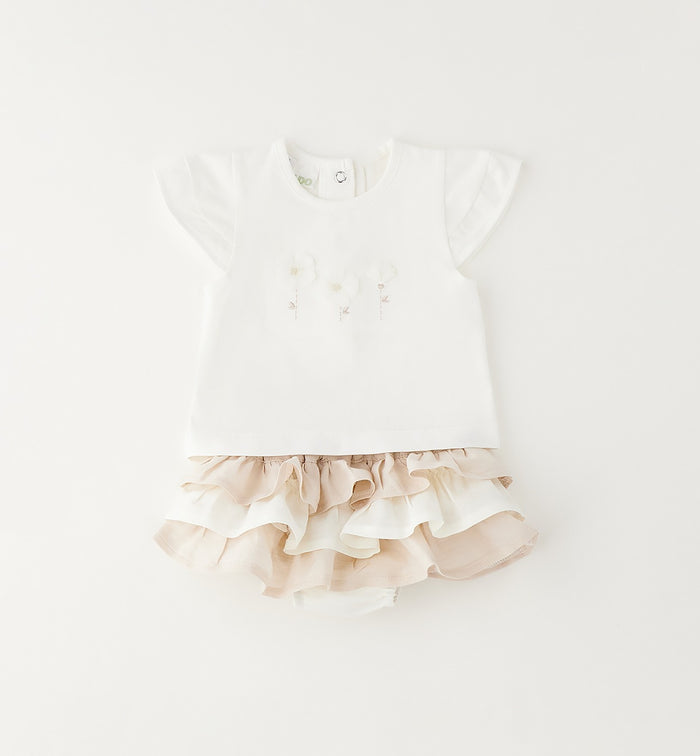 Completo bimba elegante con maglia ricamata e culotte con balze in lino e cotone