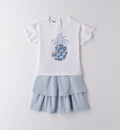 Completo bambina con t-shirt bianca ananas glitter e gonna azzurra a balze.