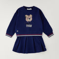 Completo bimba blu in caldo cotone con felpa orsetto e gonna a pieghe