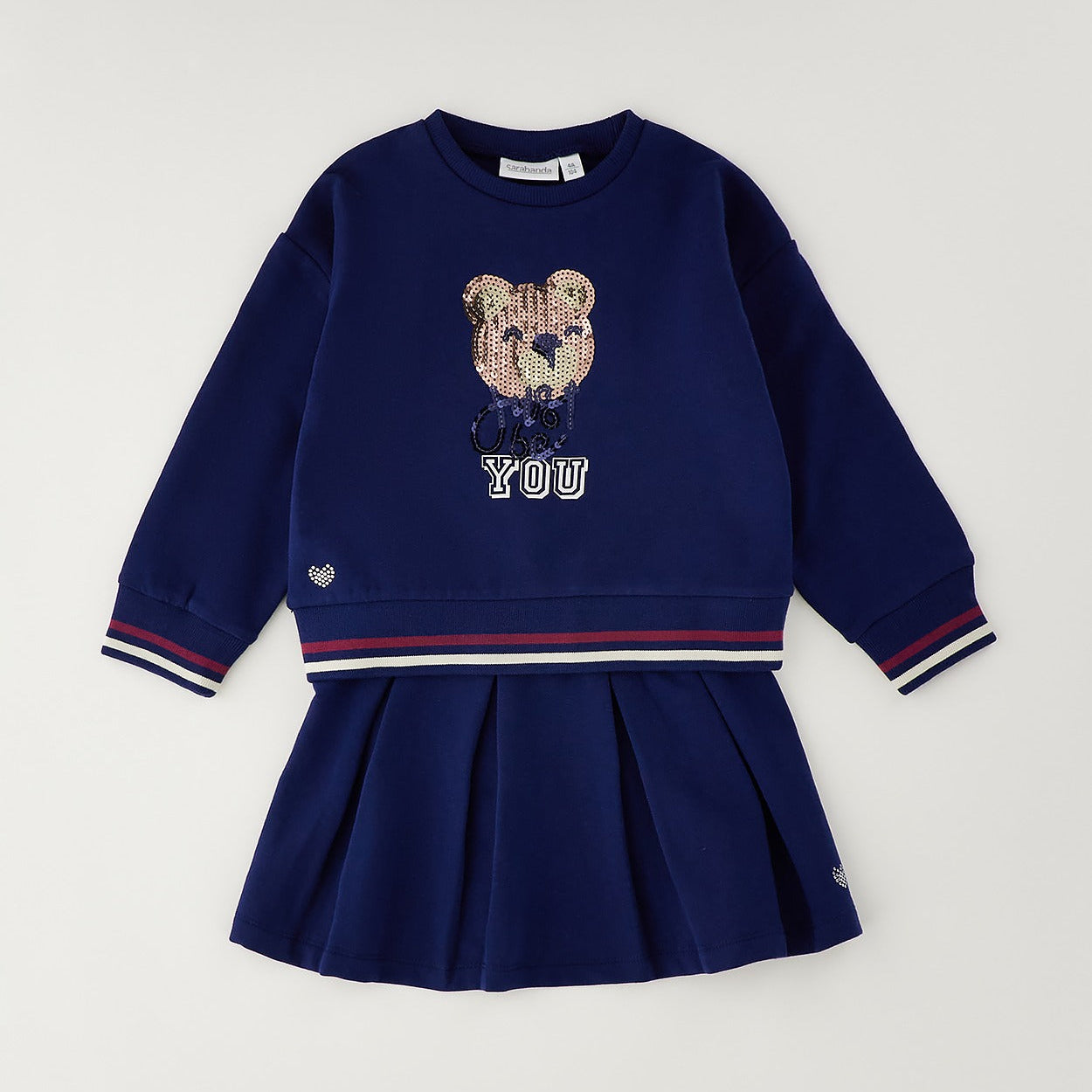 Completo bimba blu in caldo cotone con felpa orsetto e gonna a pieghe