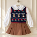 Completo bimba Dr.Kid con gilet blu a orsetti e tulipani, camicia bianca con colletto sangallo e gonna pantalone marrone.