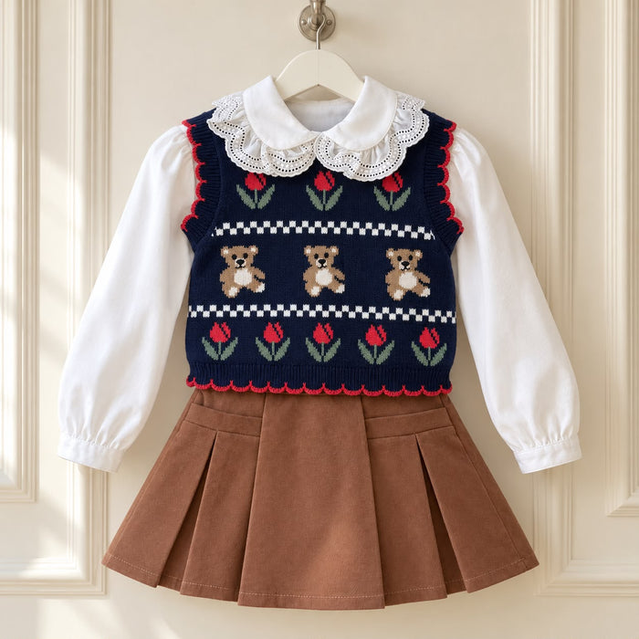 Completo bimba Dr.Kid con gilet blu a orsetti e tulipani, camicia bianca con colletto sangallo e gonna pantalone marrone.