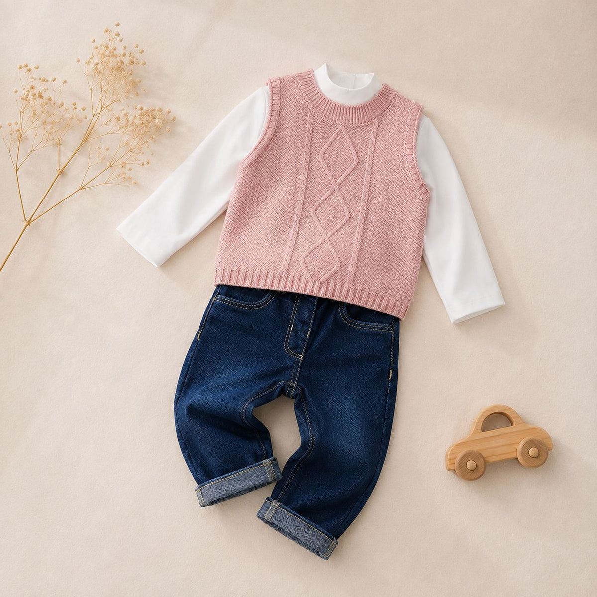 Completo bimba con gilet rosa in maglia lavorata, maglia bianca a manica lunga e jeans blu