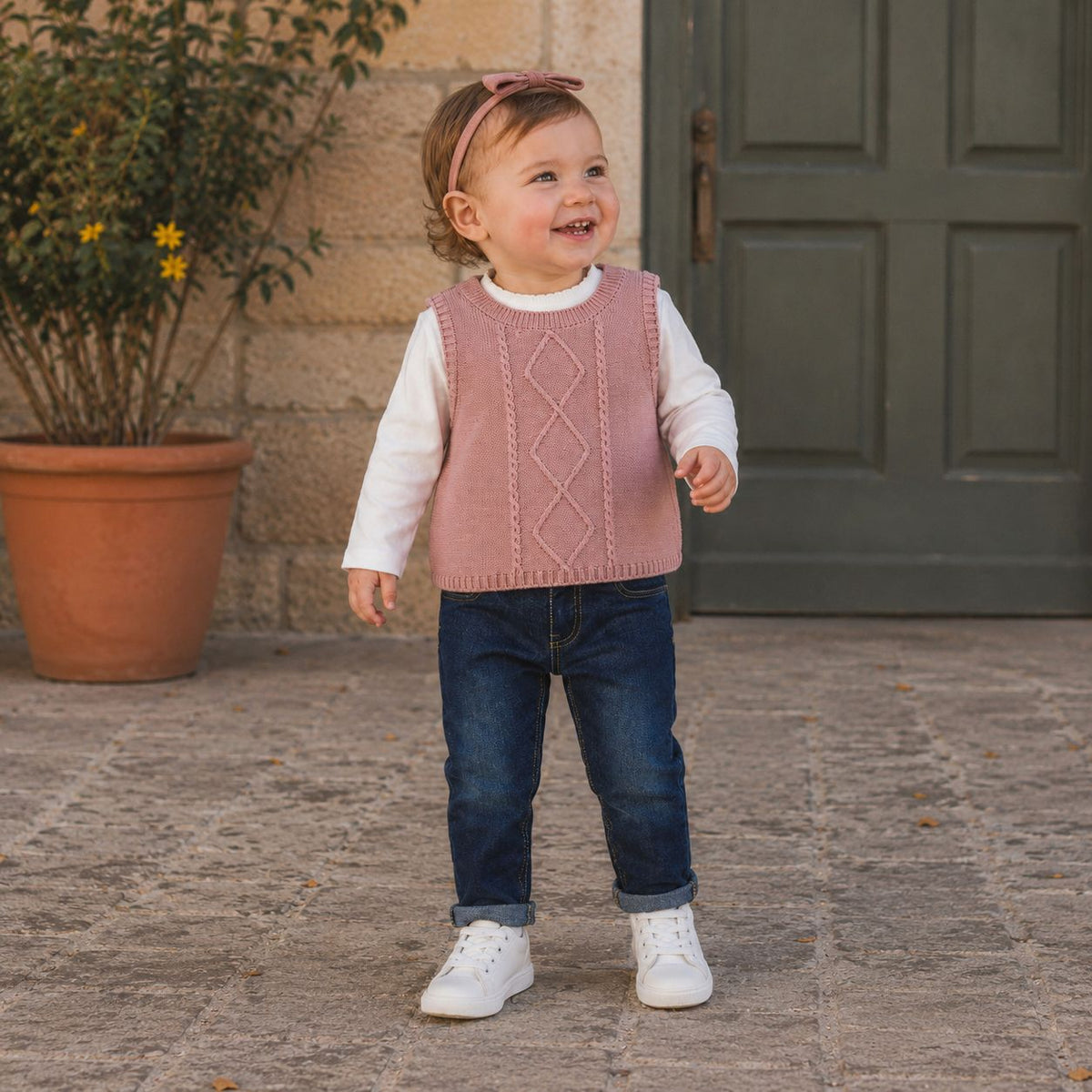 Completo bimba indossato con gilet rosa in maglia lavorata, maglia bianca a manica lunga e jeans blu