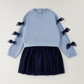 Completo bimba azzurro e blu con maglia con fiocchi e gonna in tulle