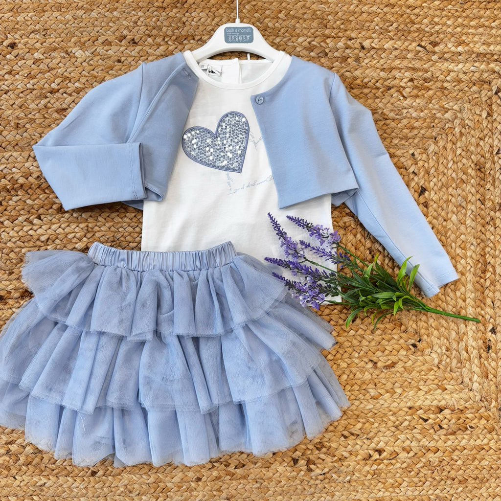 Completo bambina iDO con cuore paillettes e tulle azzurro

