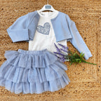 Completo bambina iDO con cuore paillettes e tulle azzurro

