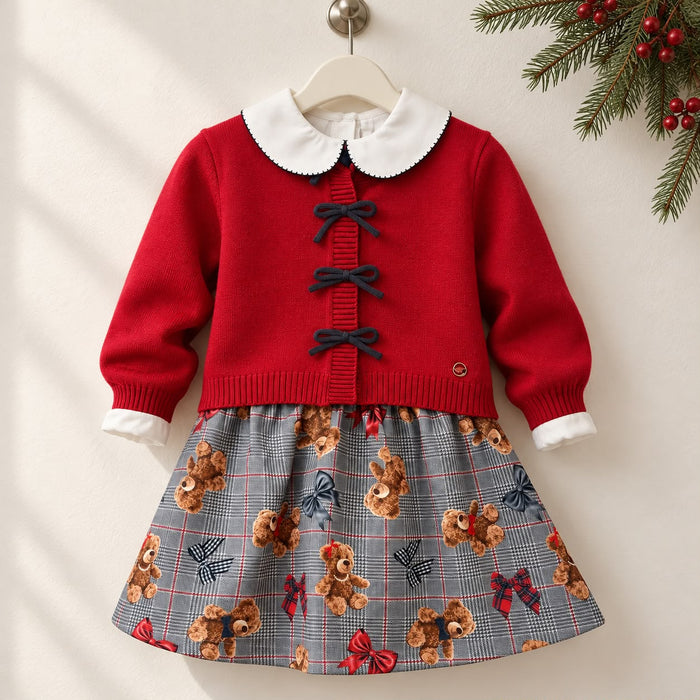 Completo bimba con cardigan rosso in misto lana, fiocchi blu e gonna tartan grigia con orsetti.