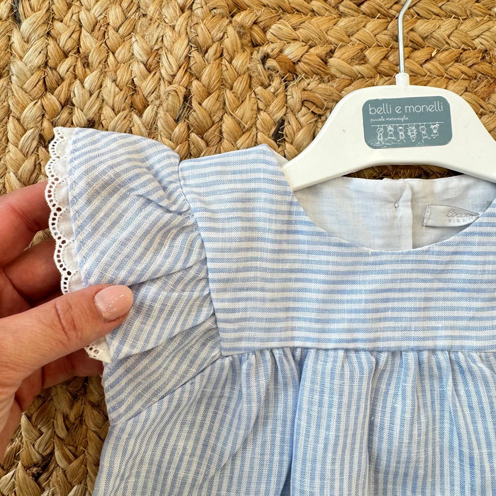 Completo bimba 100% lino con top a righe e pantalone azzurro.