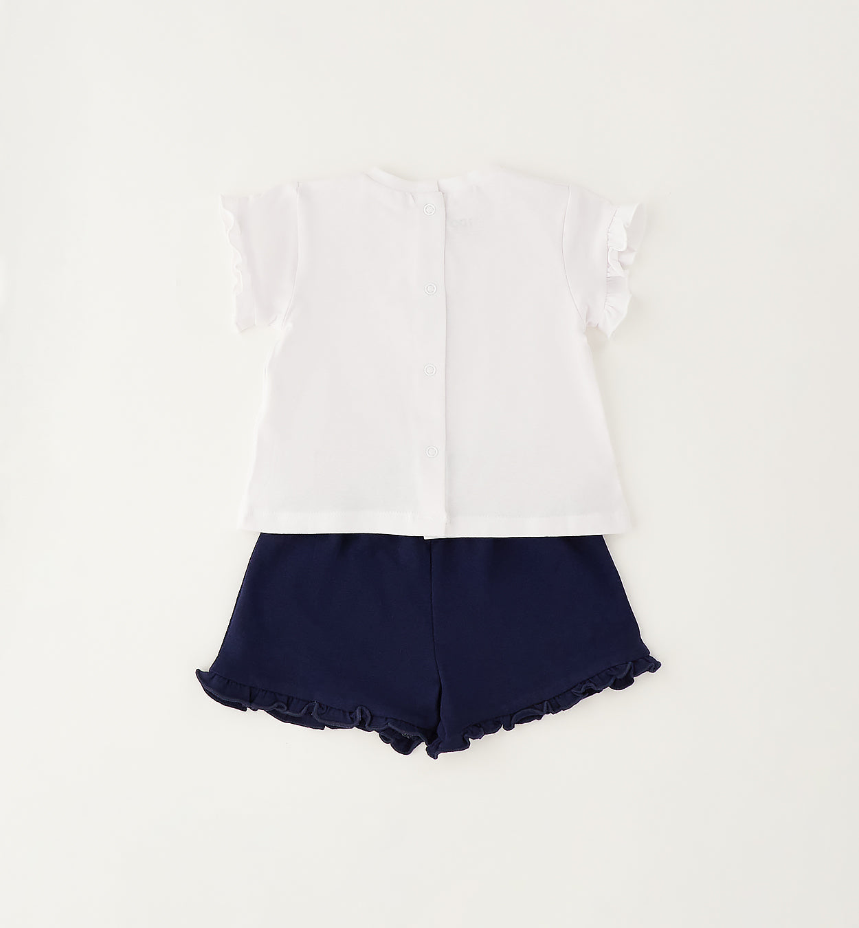 Retro completo bimba con chiusura a bottoni e shorts blu con ruches
