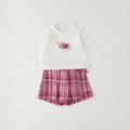 Completo bimba 3 pezzi rosa con cardigan in caldo cotone, maglia e pantaloncino tartan