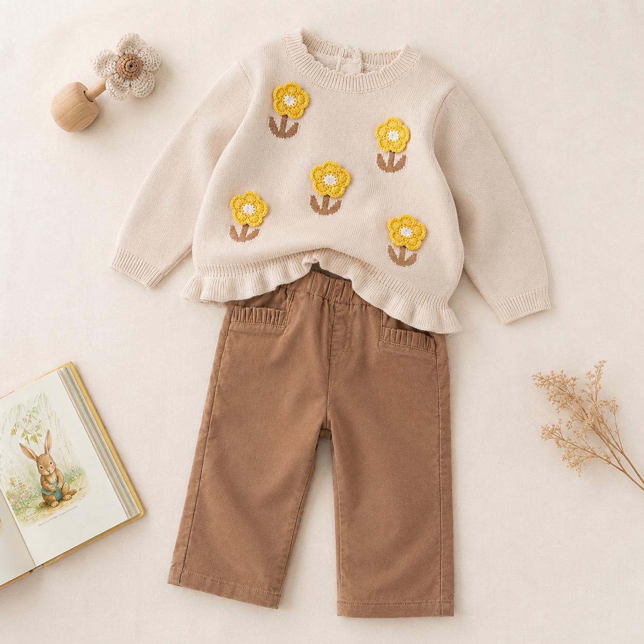 Completo bimba con maglia panna decorata con fiori gialli e pantalone marrone