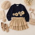 Completo bimba maglia blu navy con fiori beige e gonna a balze autunno inverno